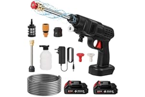 LIPWORT Cordless Pressure Washer, Portable High Pressure Water Gun Battery Pressure Washer Car Wash Spray Gun, with 1/2 Battery, 6-in-1 Nozzle, Tap Connector, Bottle Connector, 5M Hose (A-2 battery)