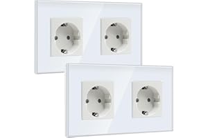 BSEED Schuko Steckdose, 2 Fach Unterputz, Kristall Glas Wandsteckdose Weiß, 16A Doppelte Schutzkontakt 157mm (2 Pack)