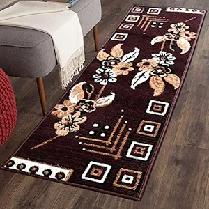 Shriji Creation Viscose Soft Traditional Brown Flower Design Bedside Runner /Carpet/Rug/Floor Mat (50 X 150 cm)