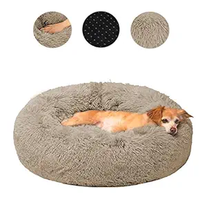 XIGRS Dog Calming Bed, Orthopedic Round Donut Cuddler Ultra Soft Plush Comfortable Cozy Sponge Cushion Bed with Non-Slip Bottom Furry Bed for Small Medium Pets Calm Sleeping (S-23.6INCH, Brown)