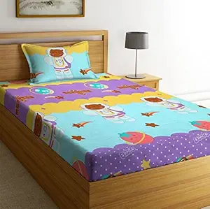 NEW LEAF Cotton Feel Soft and Smooth Cartoon Printed Double Bedsheet Special for Kids or Your Baby, (Sky Blue and Yellow)