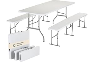 Skandika MASI Mesa y Banco Plegable | Set de Jardín Hasta 300 kg de Carga | Material Reciclado, Resistente a la Intemperie (Set Blanco)