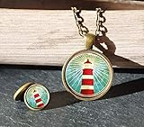  Polarkind Vintage maritimes Schmuckset Halskette lang mit Anhänger Cabochon Ohrstecker 12mm Motiv Leuchtturm handmade Wunschlänge
