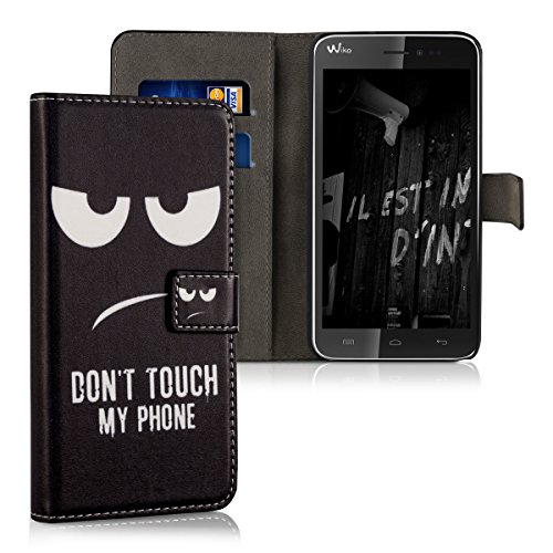 kwmobile HÃ¼lle fÃ¼r Wiko Lenny - Wallet Case Handy SchutzhÃ¼lle Kunstleder - Handycover KlapphÃ¼lle mit Kartenfach und StÃ¤nder Don't touch my Phone Design WeiÃŸ Schwarz