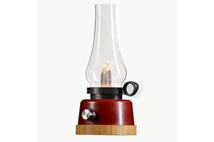 HARPER LIVING Oil lamp style Rechargeable LED Glass Tabletop Lantern, flame effect, Red Finish Base, Dimmable and Colour temperature changing 2200k to 6500k, 5000mAh power bank, for Tables camping hiking power cuts