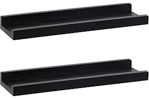 PHOENANCEE Solid Wood, 43cm Wall Picture Shelves Ledge, Rustic Wood Ledge Shelves, Decorative Photo Shelf For Living Room, Kitchen, Bedroom, Books, Set of 2,Black