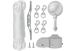 NQ Flag Pole Repair Parts Kit with 50 Feet Nylon Flag Pole Rope, 4 Pcs Flag Pole Swivel Snap Clips, Flag Pole Truck with Pulley, Flag Pole Top Silver Ball, Cleat, Flagpole Accessories Tool Kits
