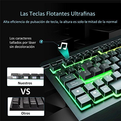 VICTSING Teclado Gaming Espa  ol USB  LED Multicolores Rainbow Retroiluminaci  n con 12 Teclas Multimedia y 19 Teclas Anti-ghosting  Teclado Retroiluminado Espa  ol de Panel Completamente Met  lico Ideal para Juegos-Negro