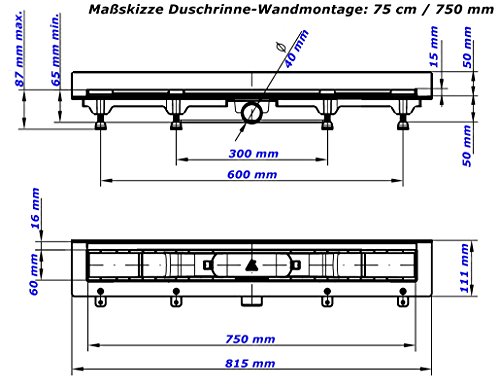 Duschrinne Bodenablauf Edelstahl Ablaufrinne Badablauf flach 75cm , Modell: Klassik-Wandmontage - 7