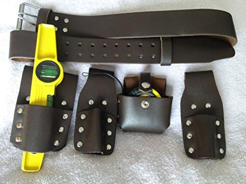 Scaffolding Brown Thick Leather Tool Belt with 2 Pcs Tools - 2 Leather Single Spanners + 1 Large Tape Measure Holder + Level Holder with 10'' Magnetic Level + 5M Measure Tape