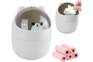 IBEQUEM Mini stołowy kosz na śmieci z pokrywką, słodki kosz na śmieci z kreskówki, przenośny, zdejmowany kosz na śmieci z 5 rolkami, do biura, pokoju dziecięcego, toaletki, salonu (kolor szary)