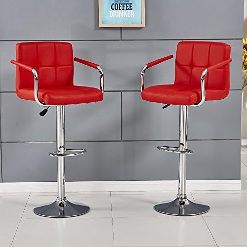 Bar Stools with Backs and Arms Set of 2, Willstone Adjustable Swivel Kitchen Breakfast Chairs with Gas Lift, Chrome Footrest and Base (Red)