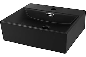 ML-Design Waschbecken aus Keramik Schwarz 415x360x130 mm Eckige Aufsatzwaschbecken, Moderne Waschtisch, Waschschale mit Überlauf und Abflussloch, Waschplatz Handwaschbecken, für Badezimmer/Gäste-WC