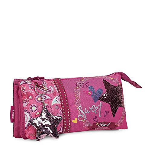 SKPAT - Portatodo Triple Niña. Estuche Plumier Escolar. 3 Compartimentos. Muy Resistente. Poliéster Estampado y Lentejuelas. Gran Capacidad. Colegio e Instituto. 130311, Color Fucsia