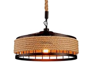 JINWELL Lampa wisząca w stylu vintage/industrialnym/retro - żyrandol do salonu, okrągły, lina konopna, żelazna klatka, gwint E27, 1 głowica