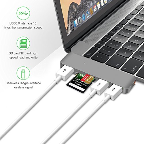 5 in 1 Typ C Combo Hub, Cymall MacBook USB Hub, USB-C zum Micro USB Adapter, Daten Synchronisierung, Universal Type C Hub mit 2 Kartenlesern und 3 USB 3.0 Port Adapter für MacBook 12 Zoll, ChromeBook Pixel, Nexus 5X, Nexus 6P, alle Typ C Kabel unterstützte Gerät(Grau) - 7