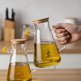 Deconox 2'li B&uuml;y&uuml;k Boy Şeffaf Cam Yağdanlık Seti - Bambu Kapaklı ve Standlı Elmas Desenli Yağlık Sirkelik (2 x 900 ml)