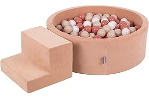 KiddyMoon Spielplatz Velvet Aus Schaumstoff Mit Rund Bällebad (200 Bälle) + Stüfchen Ballgruben Für Babys Spielbad, Hergestellt In EU, Wüstenrosa: Pastellbeige/Lachsfarben/Weiß