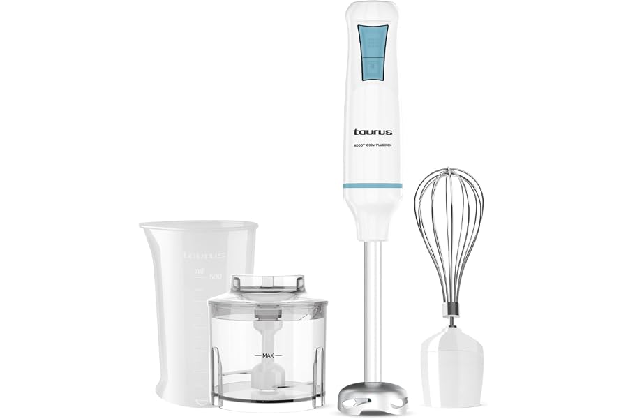Taurus – Batidora de Mano Robot 1000 Plus INOX, 2 velocidades + Turbo, Cuchillas INOX, Campana Antisalpicaduras, Ergonómica, 