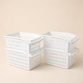 Poomy 4&rsquo;l&uuml; Beyaz Plastik D&uuml;zenleyici Sepet, Kulplu Mutfak Dolap İ&ccedil;i Organizer, Buzdolabı Erzak Saklama Sepeti, 30x17x15 cm &Ccedil;o