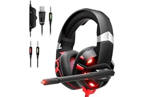GIZORI Xbox One Headset, PC Gaming Headset mit 7.1 Surround Sound Stereo, PS4 Headset mit Noise Canceling Mikrofon & LED-Licht Kompatibel mit Xbox One, PS4, PS5, PC, Sega Game Gear (Rot), (K2)