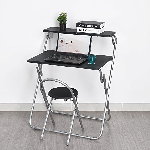 Folding Computer Desk and Chair Set for Teens Student, Home Office Mobile Workstation Laptop Desk Cart Fitting Small Space with 2 Shelves, Black