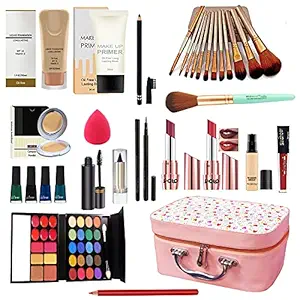 volo All In One Makeup Kit(2 Lipstick,Eye Shadow,Foundation,Sindoor,Pen Eyeliner,Compact,Primer,Kajal,,Makeup Brush, Mascara, Concealer, Lipliner,Eyebrow pencil, 12 pcs. Brush Set, Puff, 4 liquid eyeliner 1 Kit) Set of 32 Pc (Maroon) (Maroon)
