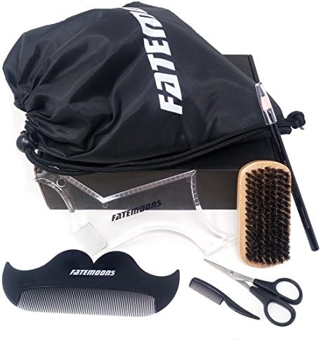 FATEMOONS Beard Grooming Kit &amp; Shaping Template Tool for Home &amp; Travel - Self-Packing Beard Bib Apron / Wild Board Bristle Brush - Mustache Comb - Stainless Steel Trimming Scissor &amp; Beard Pencil(DIY)