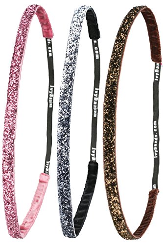 Ivybands® | Das Anti-Rutsch Haarband | 3-er Pack | Glitzer Edition | Fresco Glitzer, Dunkel Metall Glitzer, Braun Glitzer Superthin | One size | IVY506 IVY260 IVY133