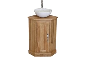 BATHROOMS & MORE STORE Wooden Bathroom Corner Vanity with Sink - Natural Oak Bathroom Sink Cabinet Single-Door Vanity Unit with Chromed Mixer Tap - Curve Sided Bowl with Cream