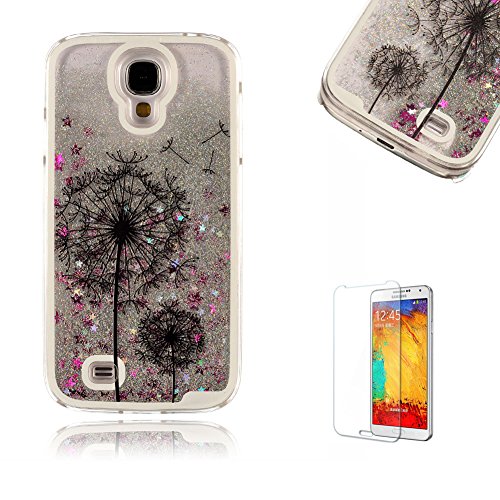 Für Samsung Galaxy S4 Hülle,Für Samsung Galaxy S4 Flüssigkeit Handyhülle,Funyye Luxus Luxuriös [Bunten Muster] Liebe Herzen Star Fließt Treibsand Durchsichtige Handytasche Glänzend Glitzer Diamond Diamant Fließen Flüssig Flüssigkeit Handyhülle Handy Hülle Case Tasche Crystal Case Durchsichtig Schutzhülle Etui Bumper Für Samsung Galaxy S4 + 1 x Frei Displayschutzfolie - Silber Glitter,Schwarzer Löwenzahn
