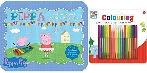 Peppa Pig Colouring &amp; Activity Placemats &amp; 18 Fibre, Magic &amp; Brush Markers - SET OF 2 ITEMS