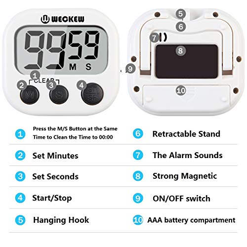 WECKEW Digitaler Küchentimer, Küchenuhr Timer mit Timer- und StoppUhr-Funktion, Kurzzeitmesser Küche Magnetischer Gegenständer, Ideal zum Kochen, Backen, Sport, Studieren usw (2 Stück Weiß) - 6