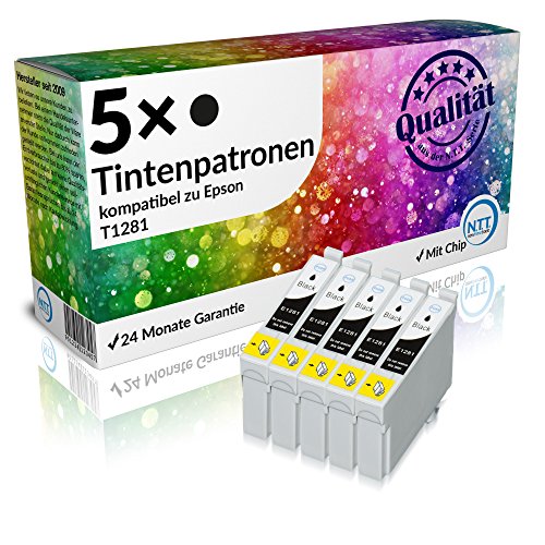 N.T.T.® 5 x Stück XL Druckerpatronen / Tintenpatronen kompatibel zu Epson T1281 Schwarz, Sparpack
