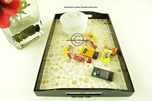 vnhomeware Handmade Wooden Rectangular Tray, Lacquered Decorative And Serving Tray Inlaid With Mother Of Pearl, Large Size, Cream-Black, H061L