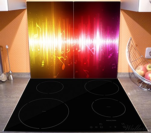 Wallario Herdabdeckplatte / Spritzschutz aus Glas, 2-teilig, 60x52cm, für Ceran- und Induktionsherde, Rot-gelbe Noten der Musik - 3