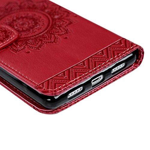 P8 Lite Wallet Case Huawei P8 Lite Flip Hülle YOKIRIN Traumfänger 3D Relief Totem Blume Schutzhülle PU Leder Flipcase Handyhülle Klapptasche Skin mit Kreditkarteninhaber Kippständer Magnetverschluss in Rote - 5