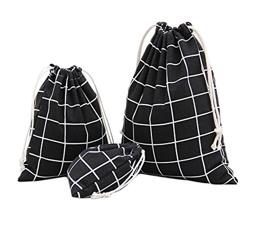 Lubier Sac Coton Pochon Tissu Conception de Grille Voyage en Plein air Sac de Rangement-Noir (3pcs)