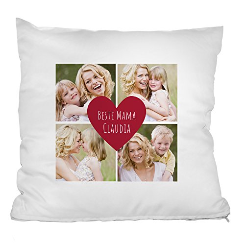 Personello® Kissen (40x40) Beste Mama, personalisierbares Fotokissen mit Collage (4 Fotos), Geburtstagsgeschenk für die Mutter, Geschenk zum Muttertag, Kissen inklusive Füllung