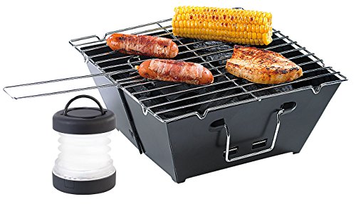PEARL Faltgrill: Camping-Grillset: Faltbarer Klappgrill und Mini-Campingleuchte (Zusammenklappbarer Grill)