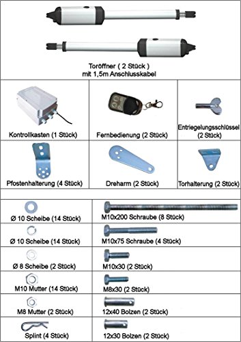 BBT@ Automatischer Torantrieb für doppelflüglige Schwingtore / Inklusive: 2x Toröffner 1x Kontrollkasten 2x Fernbedienung 2x Entriegelungsschlüssel 3x Torstopper / Privat + Geberblich / Robust + Langlebig / Einfache Installation - 4