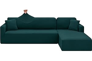 CHELZEN Housse de Canapé Elastique Peninsula en Forme de L, 2 Pièces Housses de Canapé d'angle, Housse de Canapé pour Chaise Longue avec Deux Taies d'oreiller (2 Place+3 Place, Vert Noirâtre)