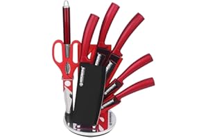 Herzberg Couteau Cuisine Professionnel Tranchant en Acier Inoxydable Acrylique-Poignée ergonomique-Set de couteaux Avec Support 8 pièces-Rouge HGMSN8-RD, Iron, Rojo