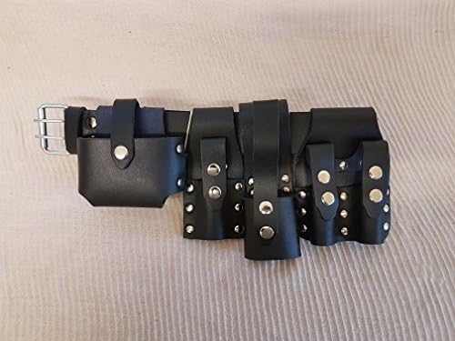 Leather Scaffolding Toolset Belt Heavy Duty Four Pocket Tools Holder Pouch Home Building Work Tool Safety Adjustable Double Buckle, Twin Press Stud (Black)