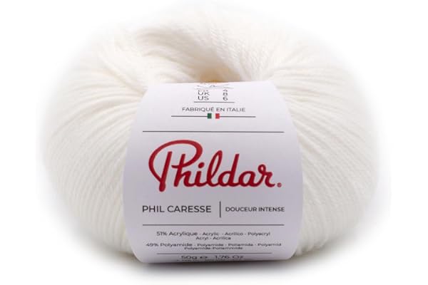 Phildar - Pelote de Laine Phil Caresse - Laine à Crocheter et à Tricoter - 51% ACRYLIQUE,49% POLYAMIDE - Aiguille n°4 - Couleur BLANC