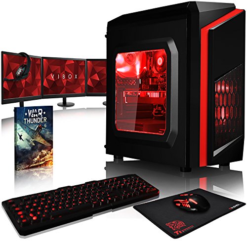 VIBOX Pyro GS880-249 Komplett-PC Paket Gaming PC - 4,2GHz AMD 8-Core Prozessor, GTX 1080, leistungsfähig, Desktop Gamer Computer mit Spielgutschein, 3x Dreifach 22" Monitor, Gamer Tastatur & Mouse, Rot Innenbeleuchtung, lebenslange Garantie* (3,3GHz (4,2GHz Turbo) Superschneller AMD FX 8300 Octa-Core Prozessor CPU, Nvidia GeForce GTX 1080 8GB Grafikkarte, 8GB DDR3 1600MHz RAM, 240GB SSD, 2TB Festplatte, 600W 85+ Netzteil, Storm Rot Gehäuse, AM3+ Mainboard, Ohne Windows Betriebssystem)