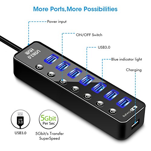 7 Port USB 3.0 Hub, ELEGIANT High Speed Switch USB 3.0 Datenhub 7 Port Hub Adapter Verteiler Datenübertragung Power mit 7 Schalter 5Gbps Data Transfer Ports Splitter AC Power Adapter with On/Off Switches für Win7/8/10 PC Mac Macbook Laptop Notebook Windows MAC iPhone, iPad, Samsung, Motorola, HTC und andere USB 3.0 kompatiblen Geräten (ohne Netzteil) - 5