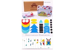 FLEX VALUE Flex Wooden Pattern Blocks, Wooden Animal Jigsaw Puzzle, Tangram Shape Puzzle Set, Colour Sorting Stacking Game, 36 Shapes 60 Design Cards in Iron Box, Montessori Educational Game