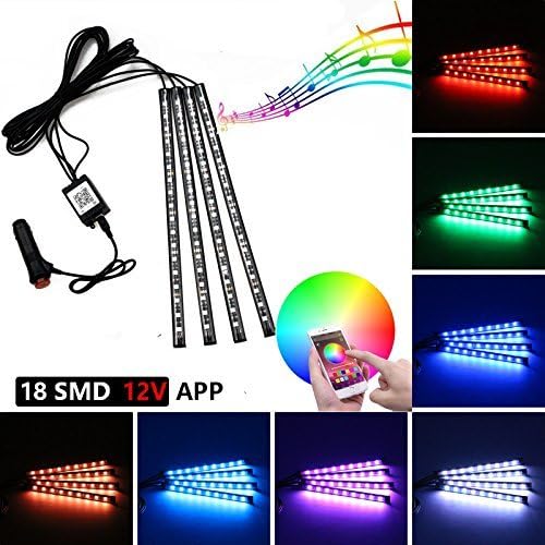 Car LED Strip Lights, Giftorld 4 pcs 72 LED Bluetooth Phone App Controller, Car Multicolor Music Active Function Interior Lighting Kit