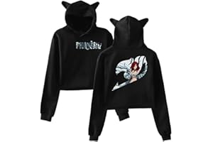 JIEJING Fairy Tail Sweat À Capuche Anime Imprimer Court Chat Oreille À Capuche Lâche Pull Décontracté Sweat pour Dames Fille Mignon Chandail Sportswear À Capuche Cosplay